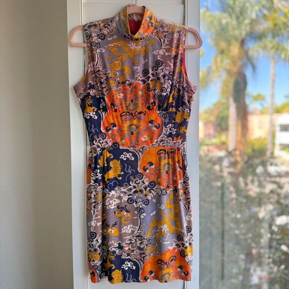 Vintage 60s Mini Sheath Dress with Chinese Dragon Graphic Print in Orange & Blue - Picture 1 of 11